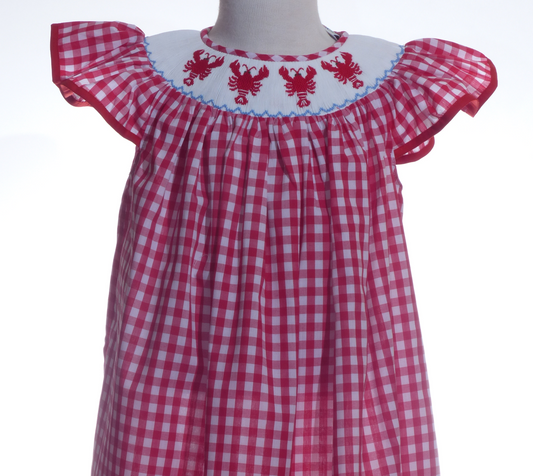 Red Gingham Lobster Smocked Angel Wing Sleeve Dress