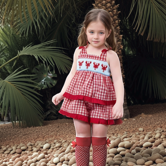 Red Gingham Lobster Smocked Ruffle Short Set