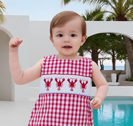 Red Gingham Lobster Smocked Boy Bubble