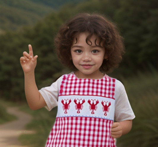 Red Gingham Lobster Smocked Boy Shortall