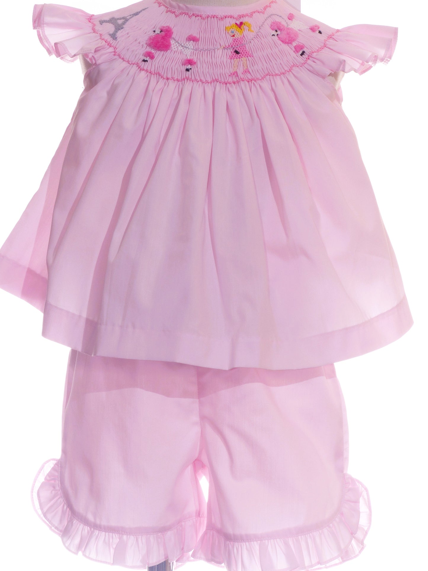 Light Pink Paris Smocked with Eifel tower & Poodle Angel Wing Sleeve Short Set