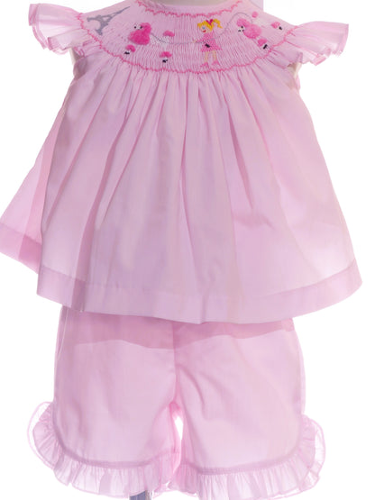 Light Pink Paris Smocked with Eifel tower & Poodle Angel Wing Sleeve Short Set