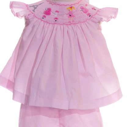 Light Pink Paris Smocked with Eifel tower & Poodle Angel Wing Sleeve Short Set