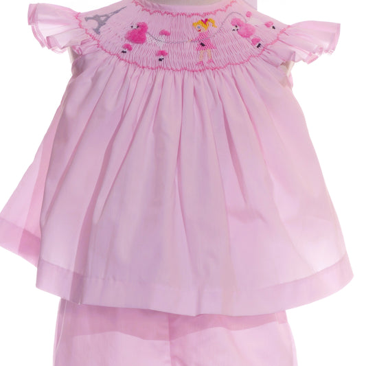 Light Pink Paris Smocked with Eifel tower & Poodle Angel Wing Sleeve Short Set
