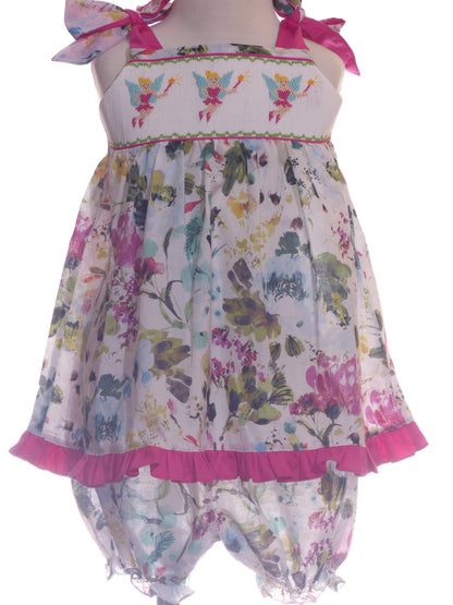 Multi-colors Floral Print Sleeveless Set Featuring FAIRIES Hand-Smocked