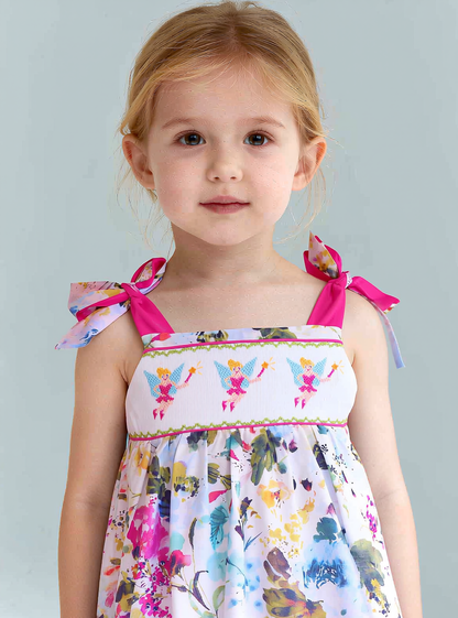 Multi-colors Floral Print Sleeveless Set Featuring FAIRIES Hand-Smocked