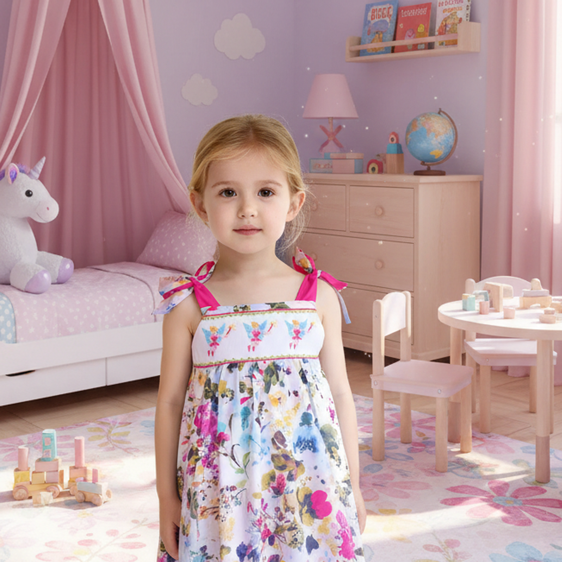 Multi-colors Floral Print Sleeveless Set Featuring FAIRIES Hand-Smocked