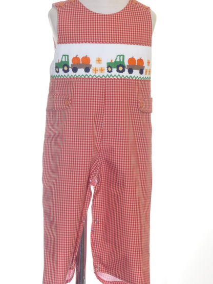 Orange Gingham Boy Long all featuring Tractor and Pumpkins Hand-Smocked