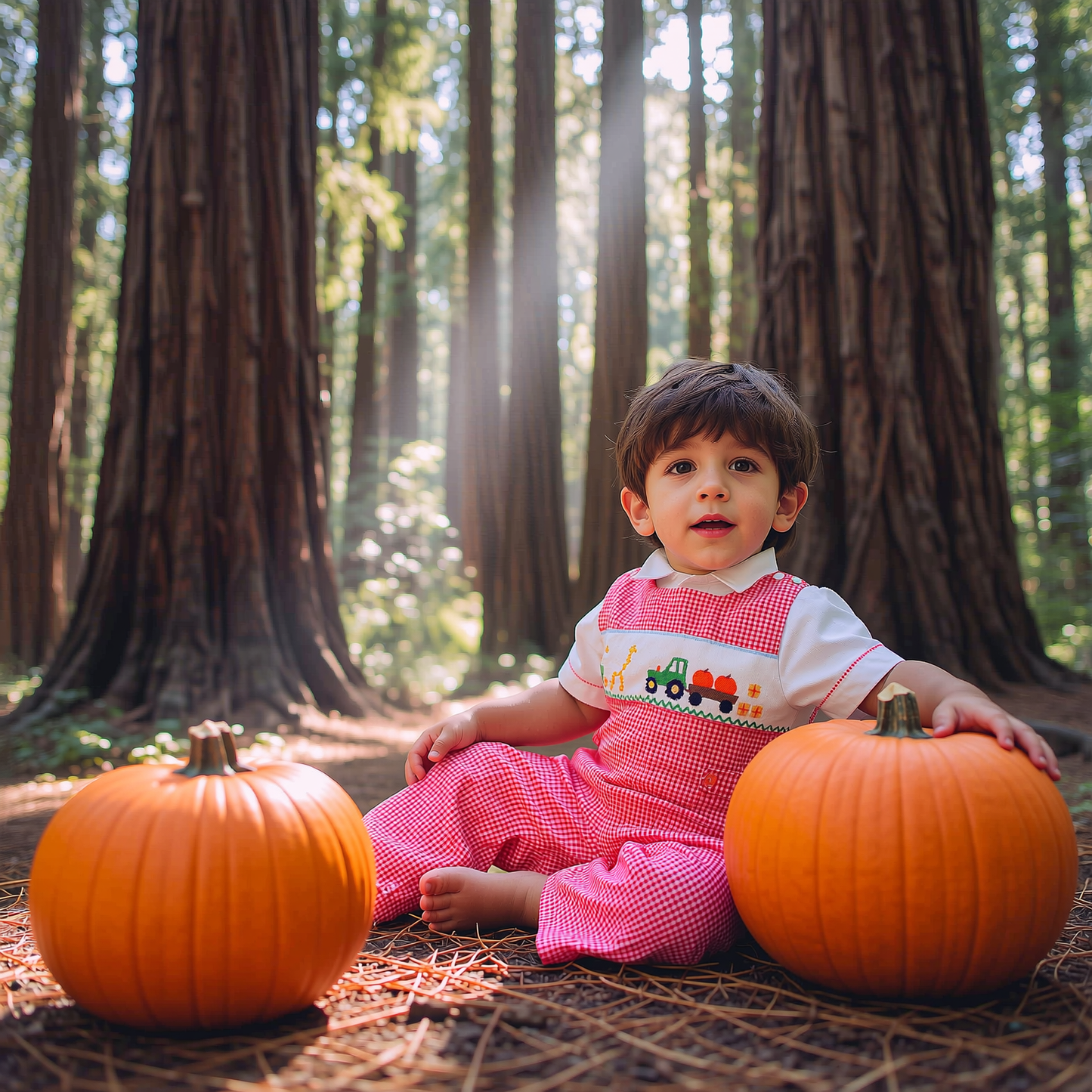 Orange Gingham Boy Long all featuring Tractor and Pumpkins Hand-Smocked