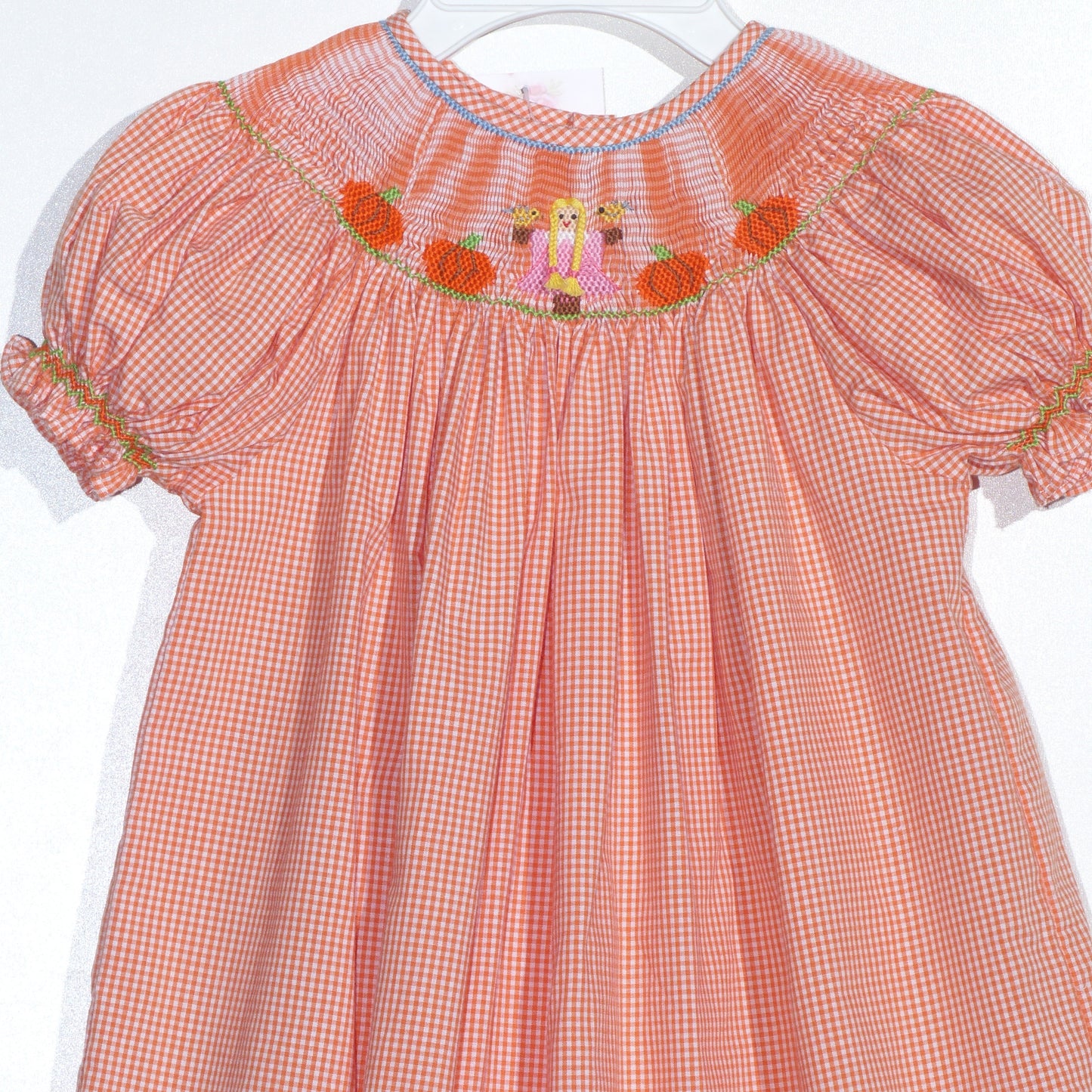 Orange Gingham Short Bishop Sleeve Dress featuring GIRL WITH BRAIDED HAIR & PUMPKINS Smocked (Copy)