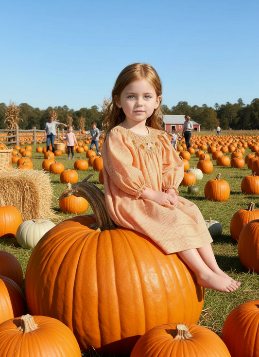 Orange Gingham Long Bishop Sleeve Dress featuring GIRL SCARECROW & PUMPKINS Hand-Smockeded