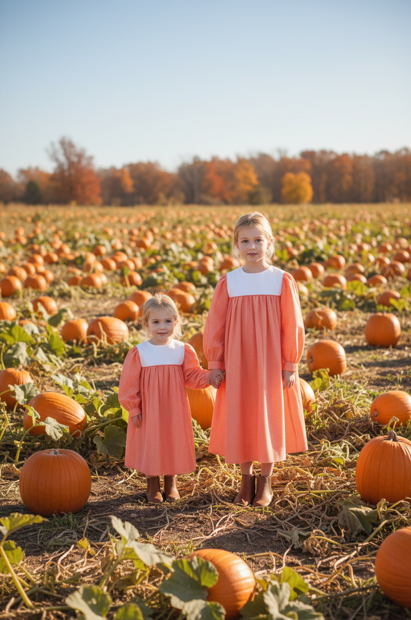 Orange Gingham Long Sleeve Dress With Squared Collar Monogramable