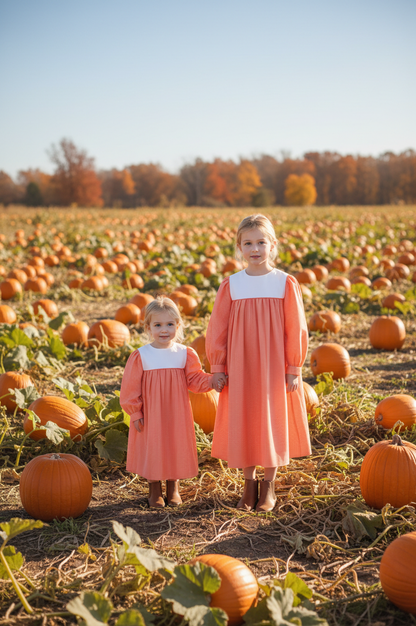 Orange Gingham Long Sleeve Dress With Squared Collar Monogramable