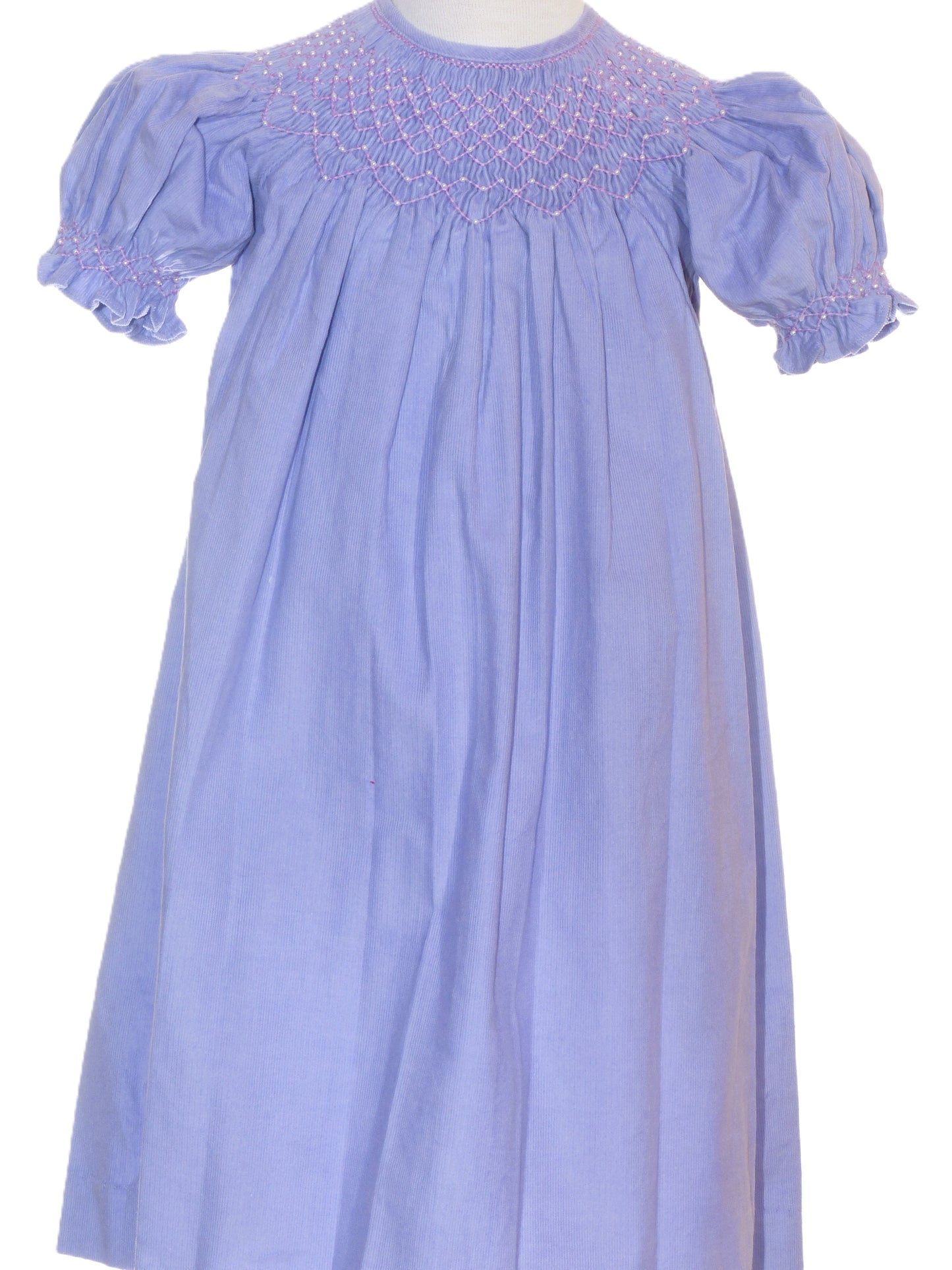 Purple Corduroy Geo Smocked With Pearls Short Sleeve Bishop Dress