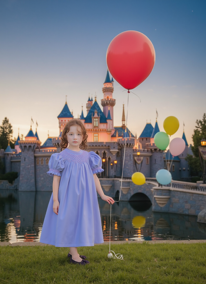 Purple Corduroy Geo Smocked With Pearls Short Sleeve Bishop Dress