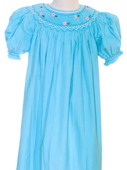 Blue Corduroy Geo Smocked With Daisy Short Sleeve Bishop Dress