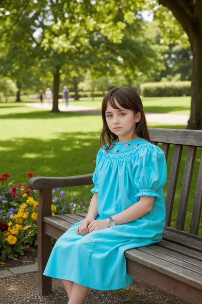 Blue Corduroy Geo Smocked With Daisy Short Sleeve Bishop Dress