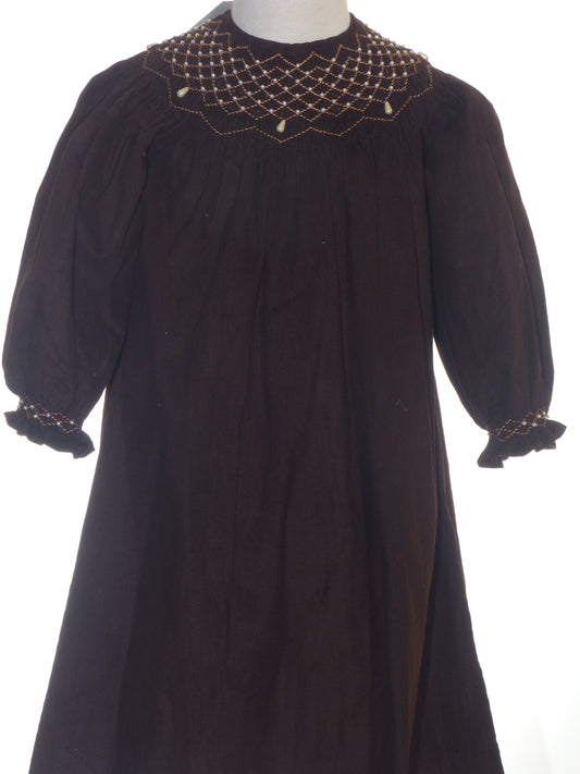 Chocolate Brown Corduroy Pearl Smocked Long Sleeve Bishop Dress