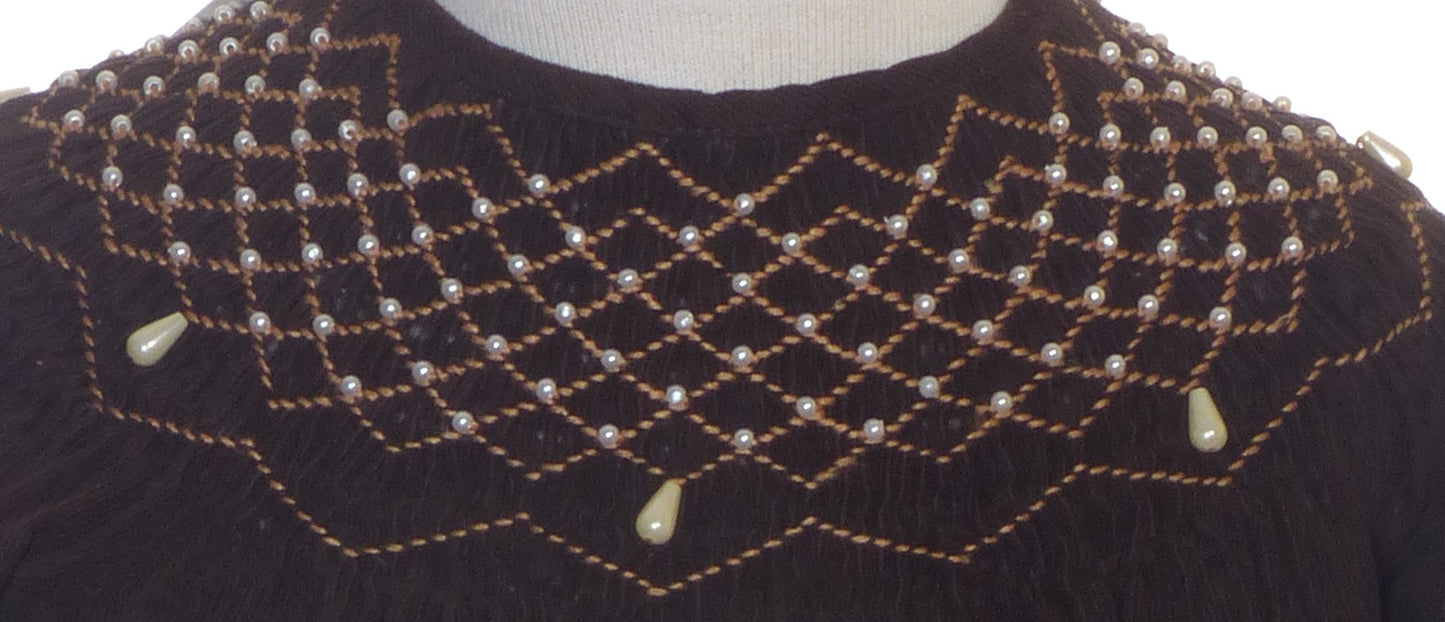 Chocolate Brown Corduroy Pearl Smocked Long Sleeve Bishop Dress