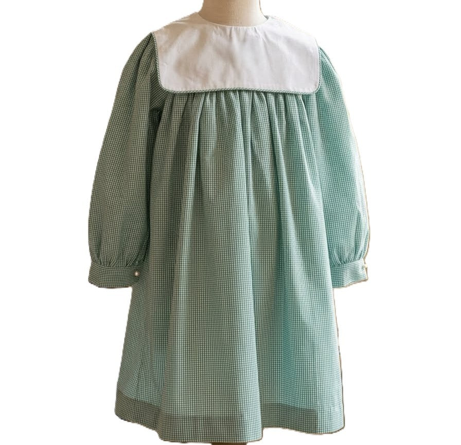 Green Gingham Long Sleeve Squared Collar Monogram-able Dress