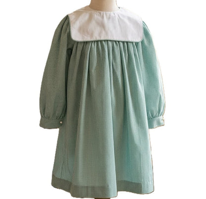 Green Gingham Long Sleeve Squared Collar Monogram-able Dress