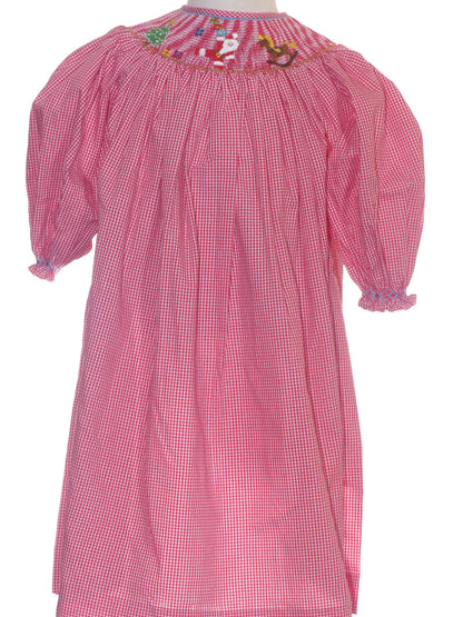 Red Gingham Long-Sleeve Bishop Dress Smocked With SANTA, CHRISTMAS TREE & ROCKING HORSE