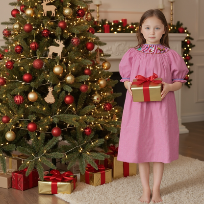 Red Gingham Long-Sleeve Bishop Dress Smocked With SANTA, CHRISTMAS TREE & ROCKING HORSE