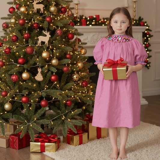 Red Gingham Long-Sleeve Bishop Dress Smocked With SANTA, CHRISTMAS TREE & ROCKING HORSE