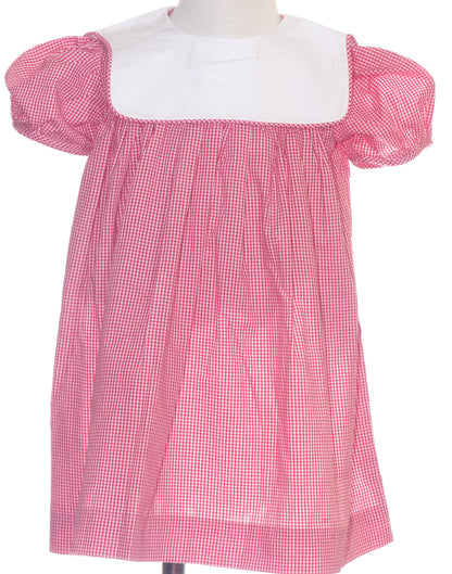 Red Gingham Short Sleeve Girl Dress With Square Collar Monogramable