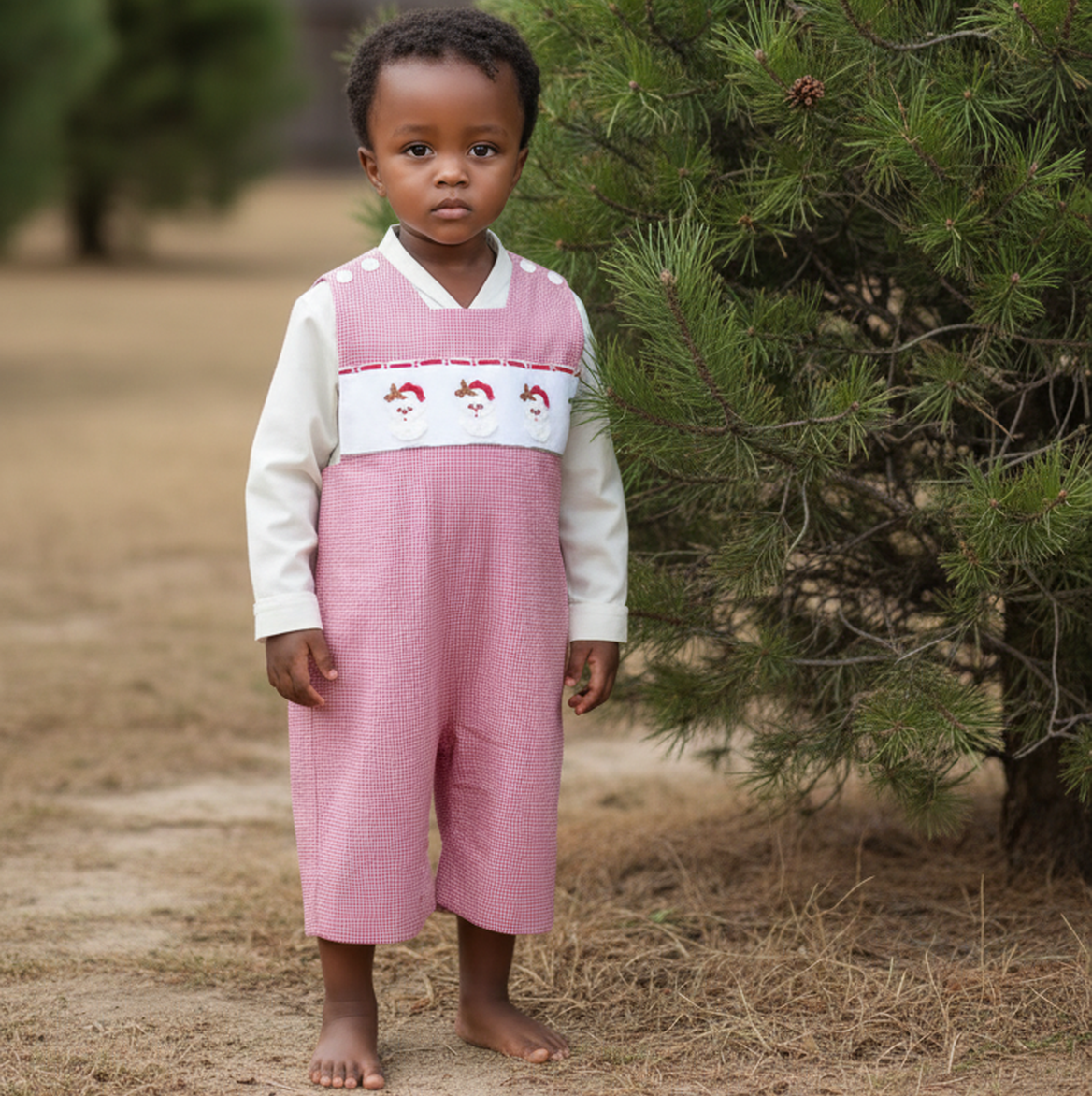 Red Gingham Boy Longall Smocked With SANTA FACES