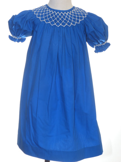 Blue Geometric Smocked With Pearls Short Sleeve Bishop Dress