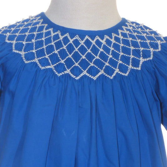 Blue Geometric Smocked With Pearls Short Sleeve Bishop Dress