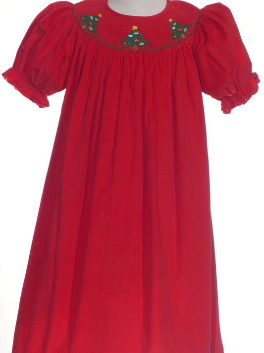 Red Corduroy Christmas Tree Smocked Short Sleeve Bishop Dress