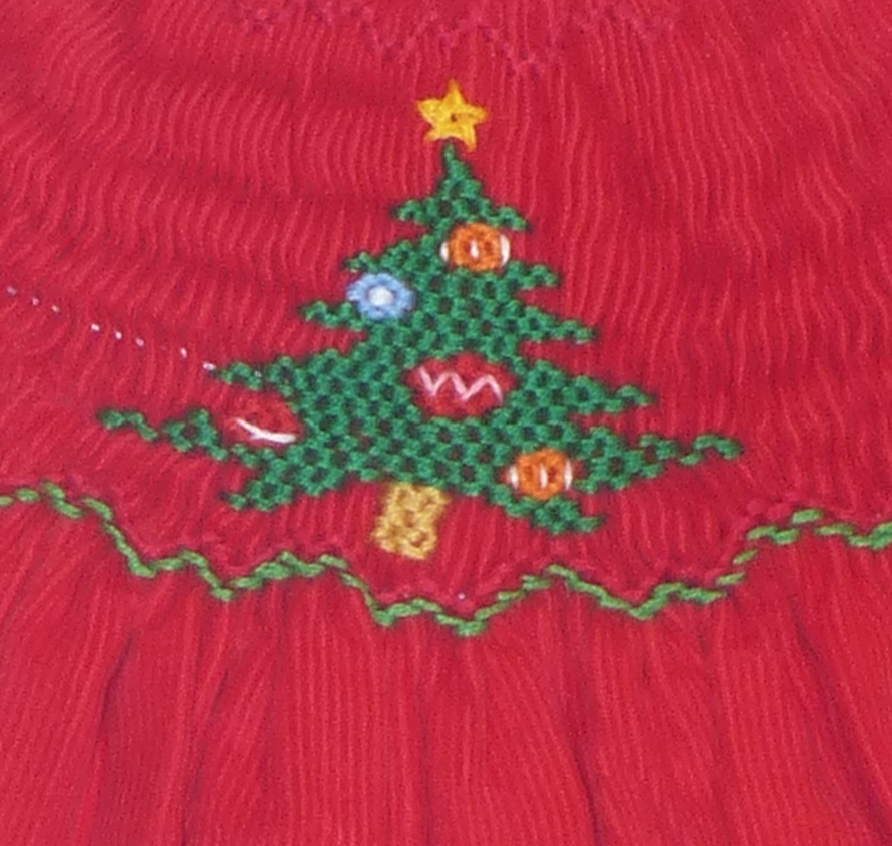 Red Corduroy Christmas Tree Smocked Short Sleeve Bishop Dress