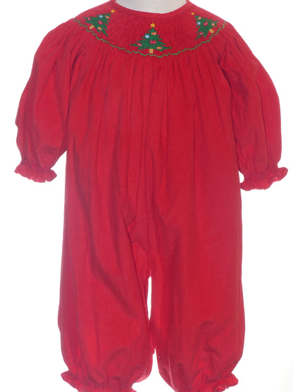 Red Corduroy Chritmas Tree Smocked Romper With Long Sleeve