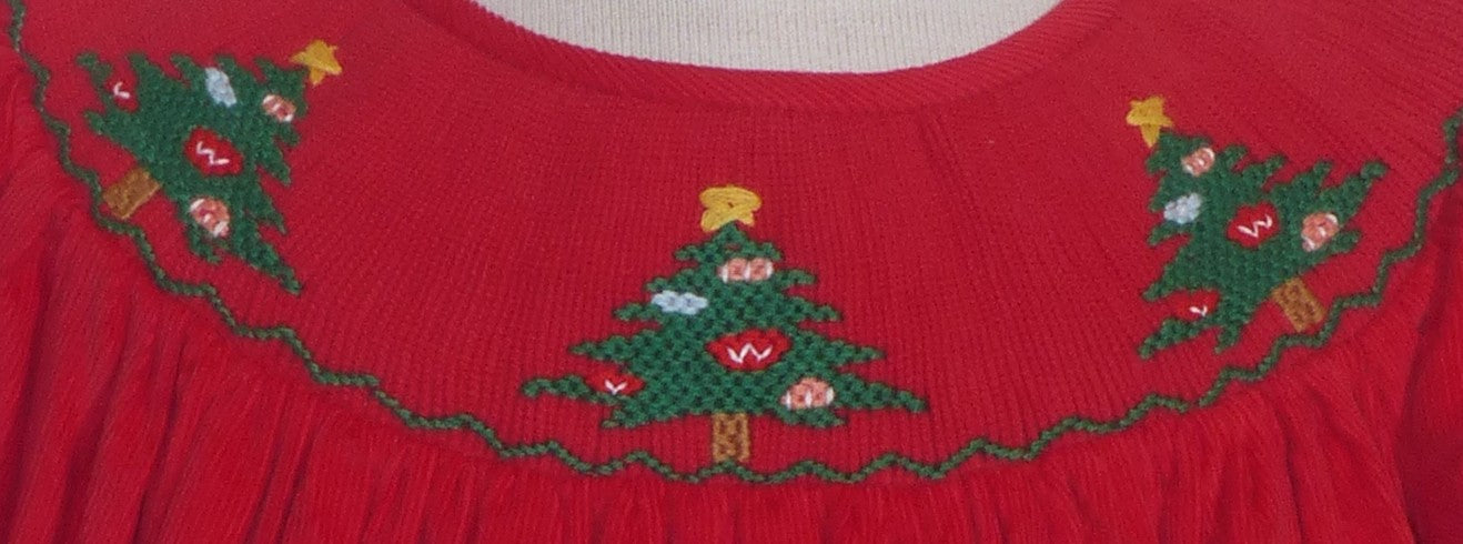 Red Corduroy Chritmas Tree Smocked Romper With Long Sleeve
