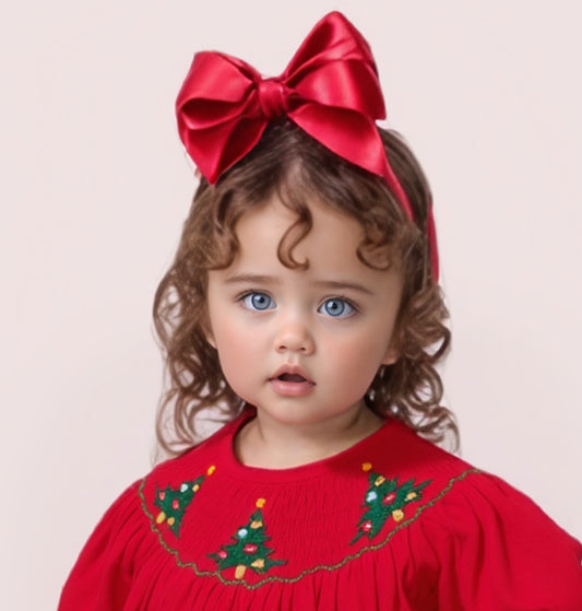 Red Corduroy Christmas Tree Smocked Short Sleeve Bishop Dress
