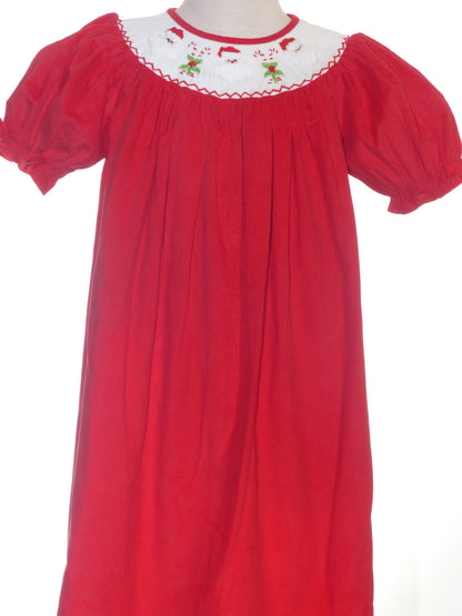 Red Corduroy Santa & Candy Cane Smocked Short Sleeve Bishop Dress