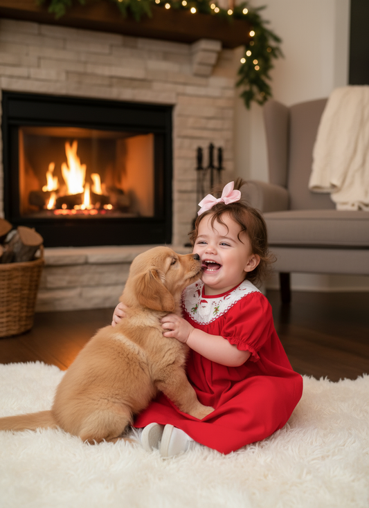 Red Corduroy Santa & Candy Cane Smocked Short Sleeve Bishop Dress