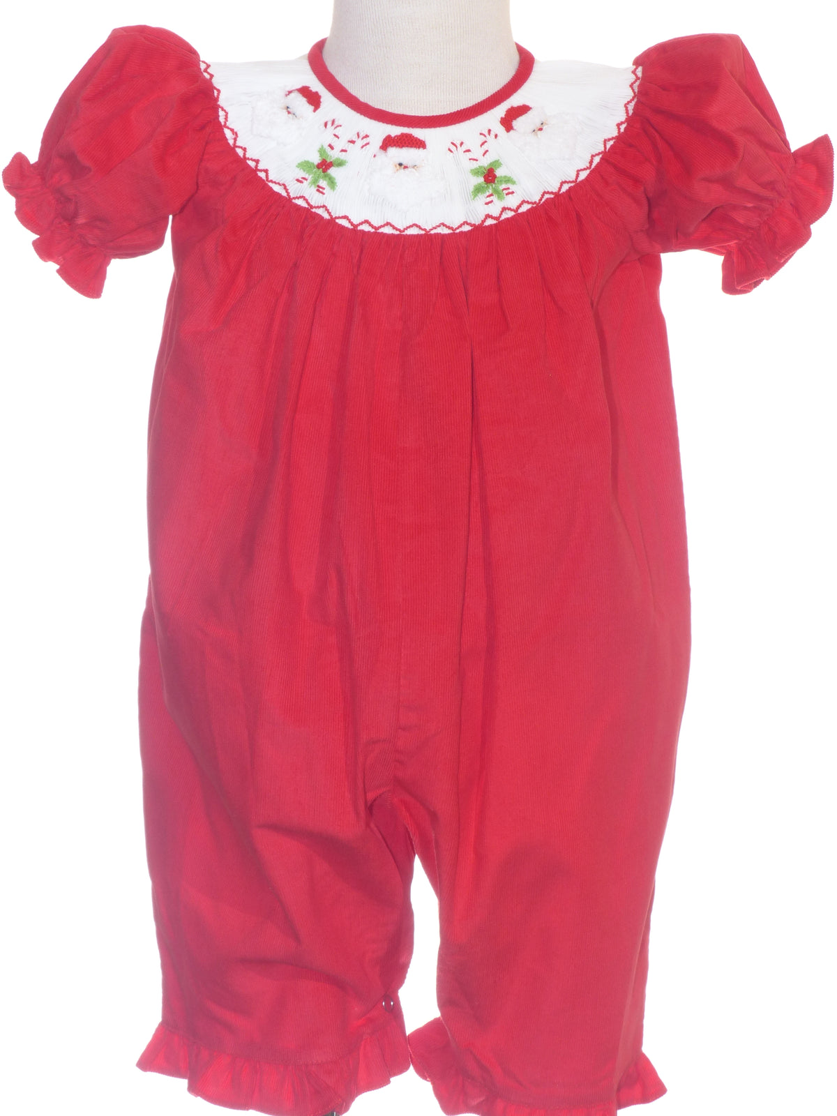 Red Corduroy Santa & Candy Cane Smocked Romper Short Sleeve