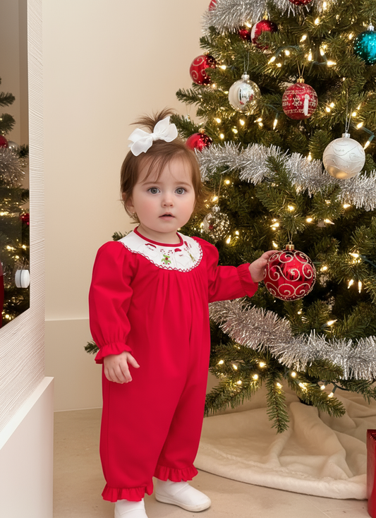 Red Corduroy Santa & Candy Cane Smocked Romper