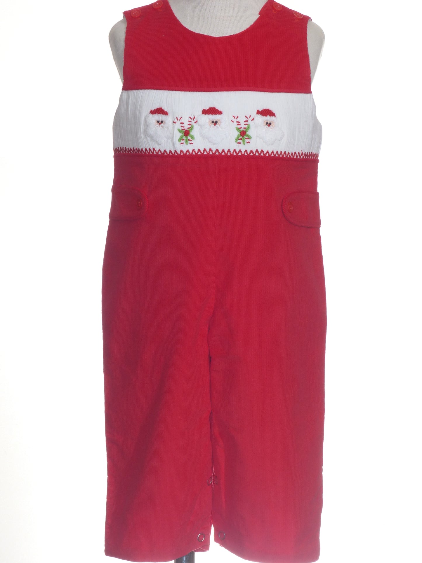 Red Corduroy Santa & Candy Cane Smocked Boy Long Overall