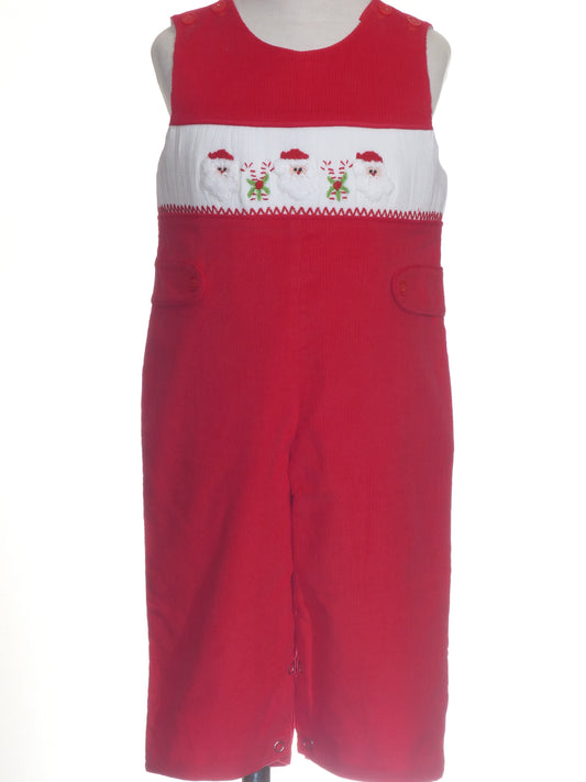 Red Corduroy Santa & Candy Cane Smocked Boy Long Overall