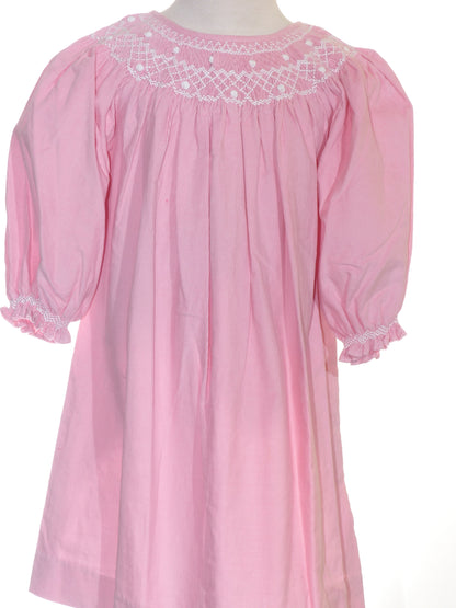Pink Corduroy Geo Smocked With Pearl Long Sleeve Bishop Dress