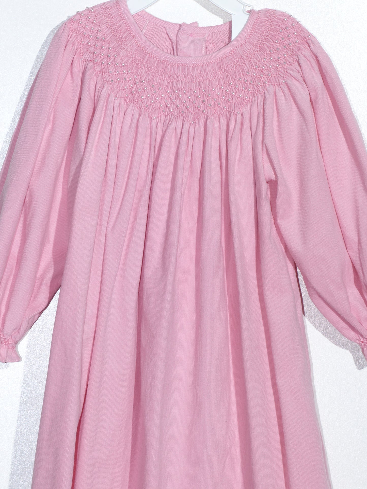 Pink Corduroy Geo Smocked With Pearl Long Sleeve Bishop Dress