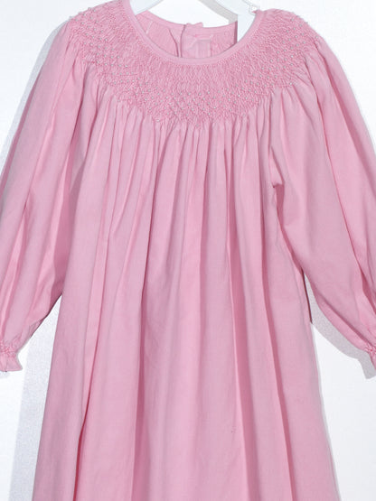 Pink Corduroy Geo Smocked With Pearl Long Sleeve Bishop Dress