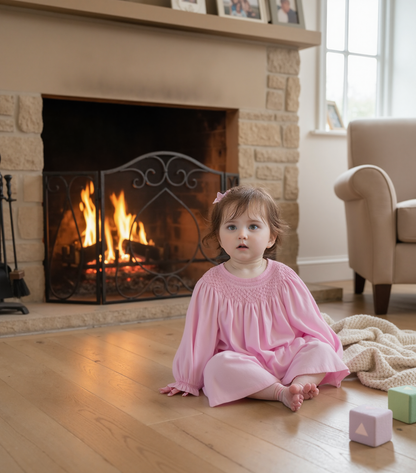 Pink Corduroy Geo Smocked With Pearl Long Sleeve Bishop Dress
