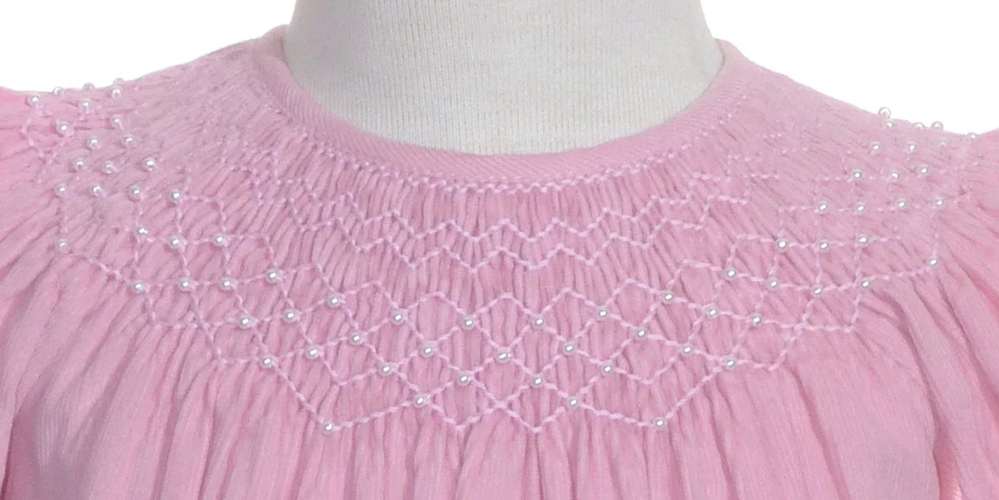 Pink Corduroy Geo Smocked With Pearl Short Sleeve Bishop Dress