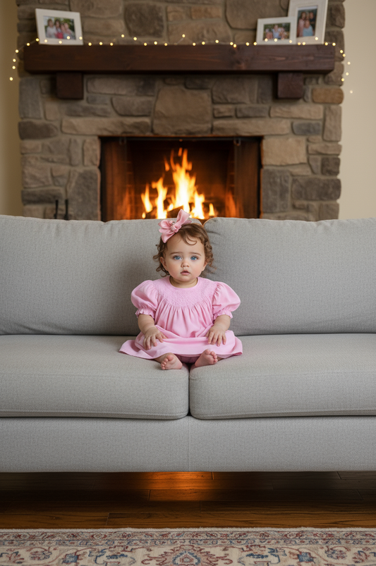 Pink Corduroy Geo Smocked With Pearl Short Sleeve Bishop Dress