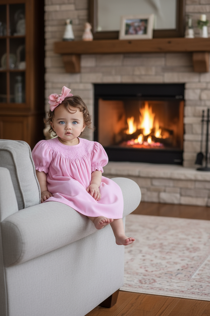 Pink Corduroy Geo Smocked With Pearl Short Sleeve Bishop Dress